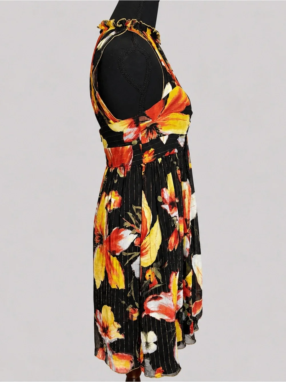 Anna Sui for Anthropologie Nagia Iris Silk Halter Dress Size 4 Floral Metallic